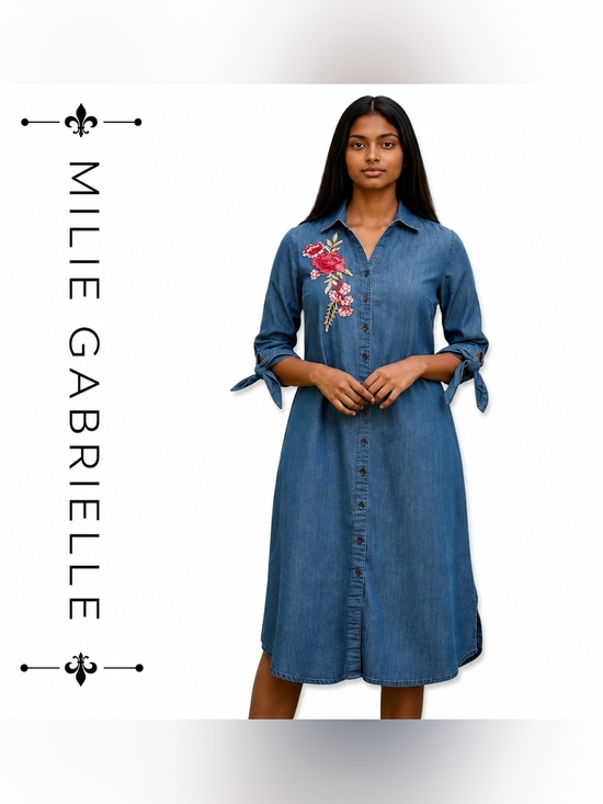 Milie Gabrielle Dresses & Skirts - Millie Gabrielle Embroidered Denim Shirt Dress Button Front Midi Dress